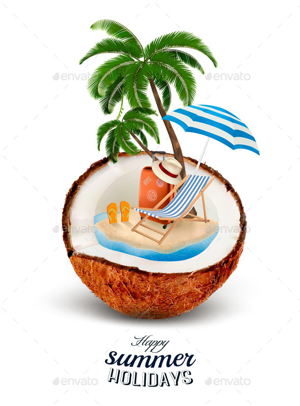acation Concept. Palm Tree, Suitcase And Umbrella - Travel Conceptual