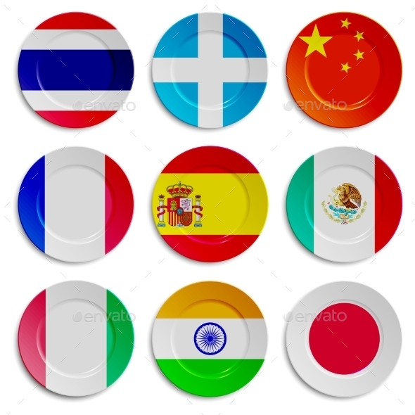 Set Of Plates With Flags Isolated On White - Food Objects