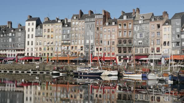 HONFLEUR, FRANCE - SEPTEMBER 2016 The Vieux Bassin artistic place and port by the day with blue sky  alt