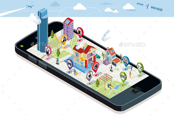 City Map with Icons and Buildings - Technology Conceptual
