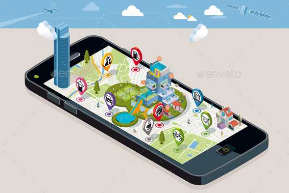 City Map with Pins and an Intelligent House - Technology Conceptual