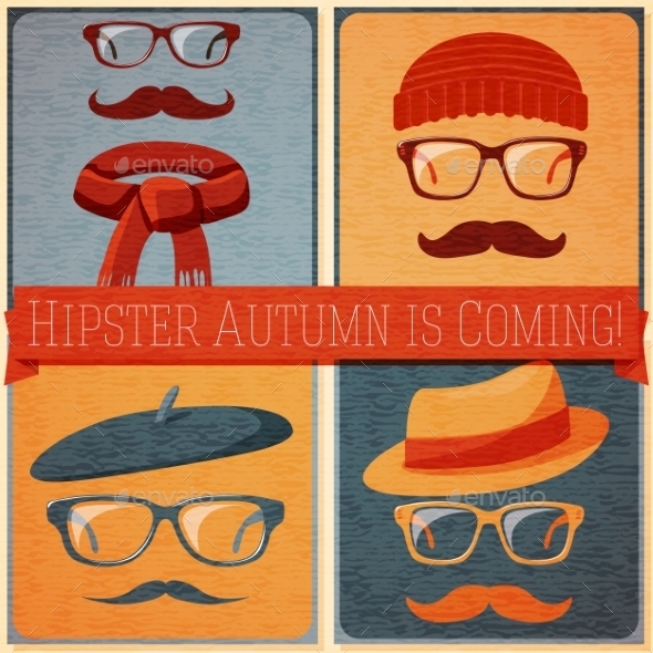Set of Autumn Dressed Hipster Faces - Seasons Nature