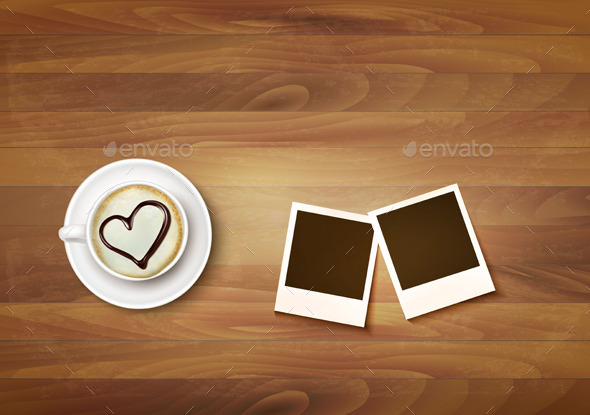 Coffee Mug With A Heart On A Desk And Two Photos. Vector. - Valentines Seasons/Holidays