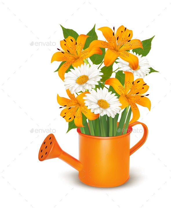 Watering Can With A Bouquet Of Flowers. Vector. - Flowers & Plants Nature
