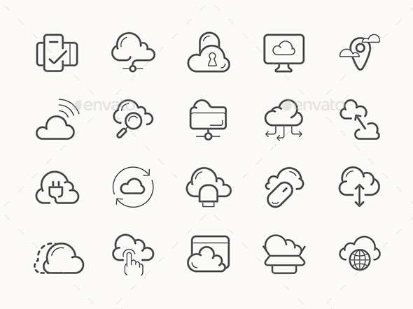 Cloud Service Server Hosting Line Icons - Communications Technology
