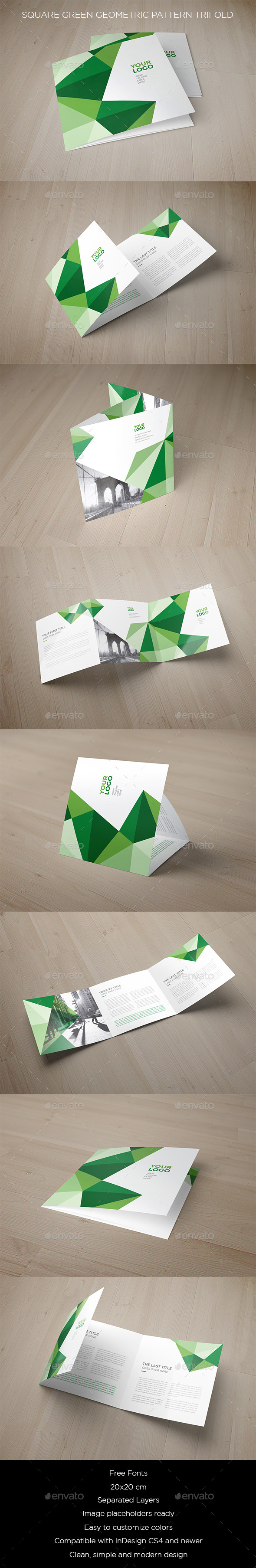 Square Green Geometric Pattern Trifold - Brochures Print Templates