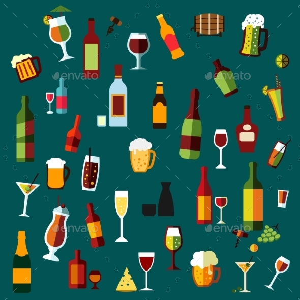 Flat Alcohol Beverages And Cocktails - Food Objects