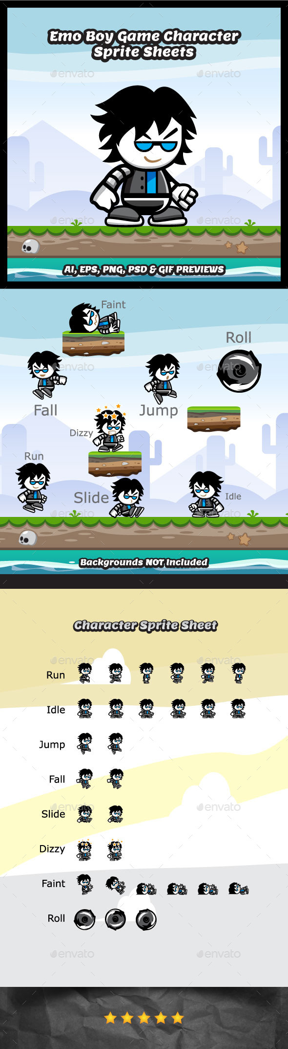 Emo Boy Game Character Sprite Sheets - Sprites Game Assets