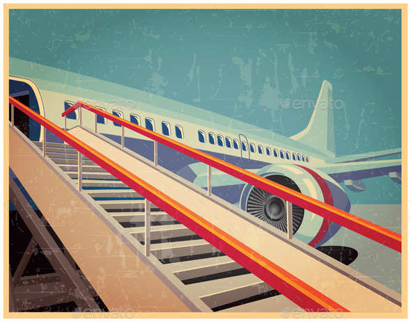 Vintage Poster with Passenger Jet - Retro Technology
