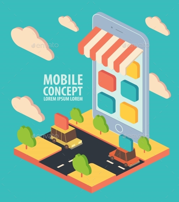 Flat Isometric Vector Phone Application Concept - Retail Commercial / Shopping