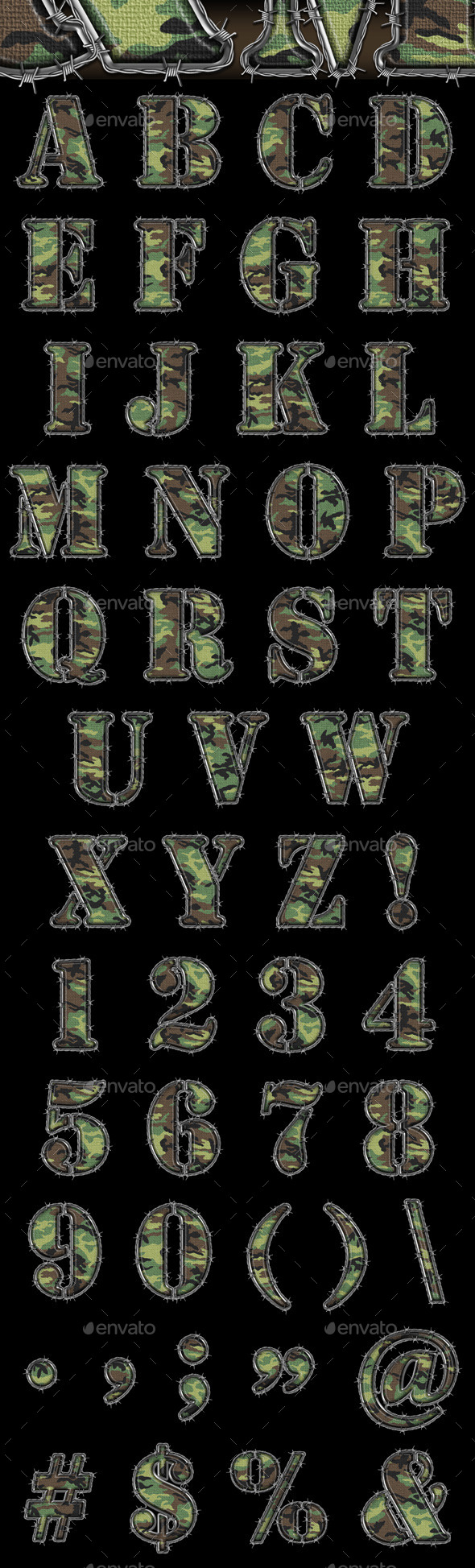 Camo Letters Numbers & Symbols with Barbwire Camo Letters Numbers & Symbols with Barbwire