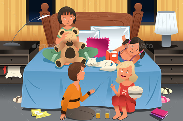 Young Girls Having a Slumber Party - People Characters