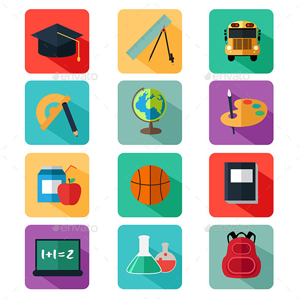 Flat Design Education Icons - Objects Vectors