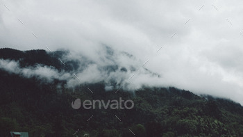 misty mountains with lush green hills