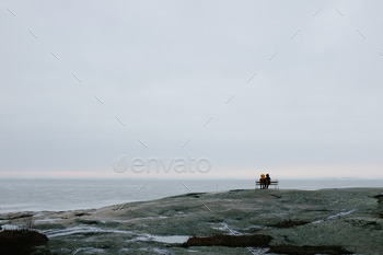 Two people sitting on a chair by the sea during winter