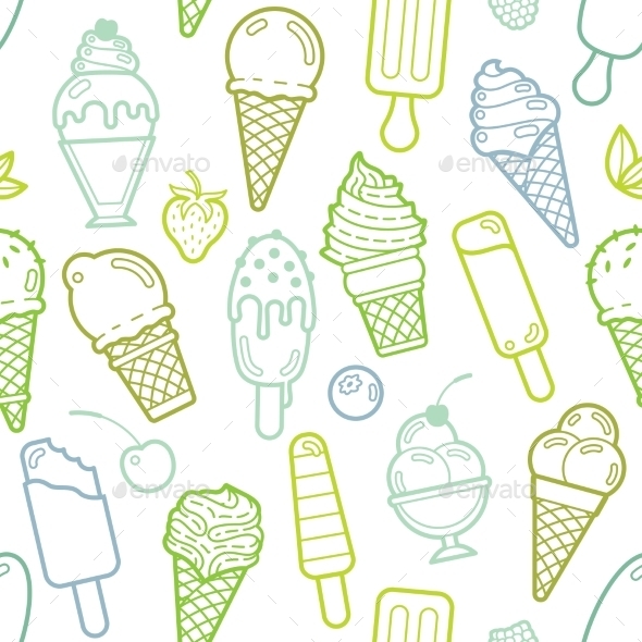 Vector Cute Lime Seamless Pattern With Ice Creams - Food Objects