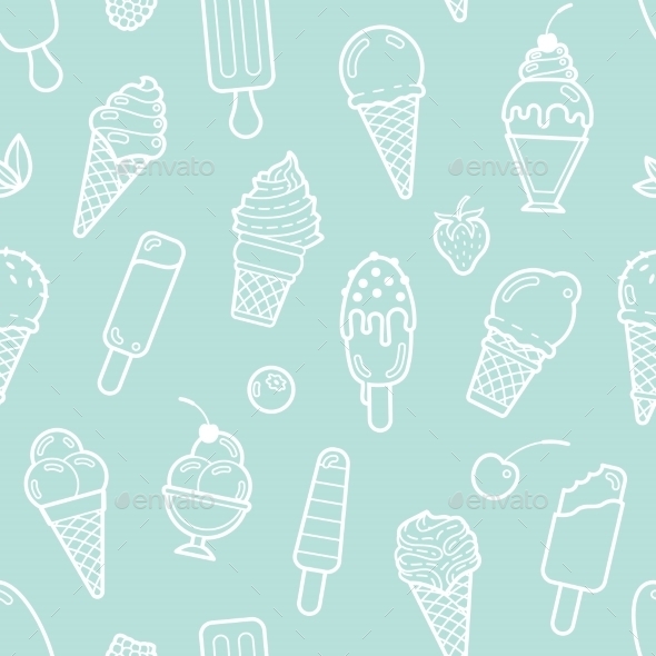Vector Cute Mint Seamless Pattern With Ice Creams - Food Objects