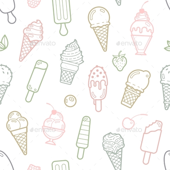 Vector Cute Pastel Ice Cream Seamless Pattern - Food Objects