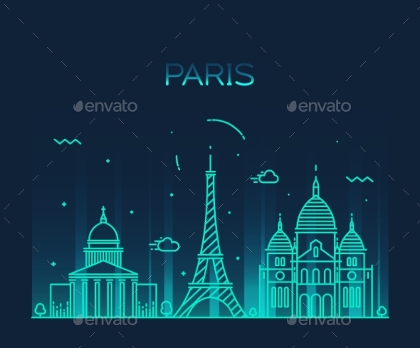 Paris City Skyline Trendy Vector Line Art