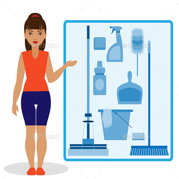 Girl and Simple Tools for Cleaning - People Characters