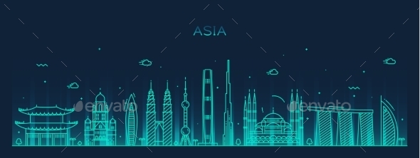 Asia Skyline Trendy Vector Illustration Line Art