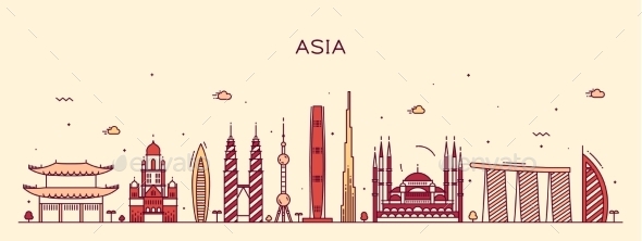 Asia Skyline Trendy Vector Illustration Line Art