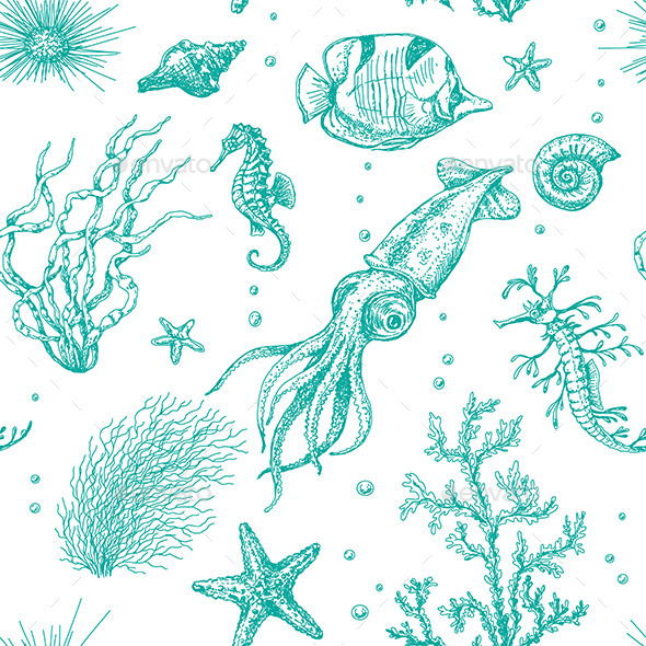 Underwater Plants and Animals Pattern - Backgrounds Decorative