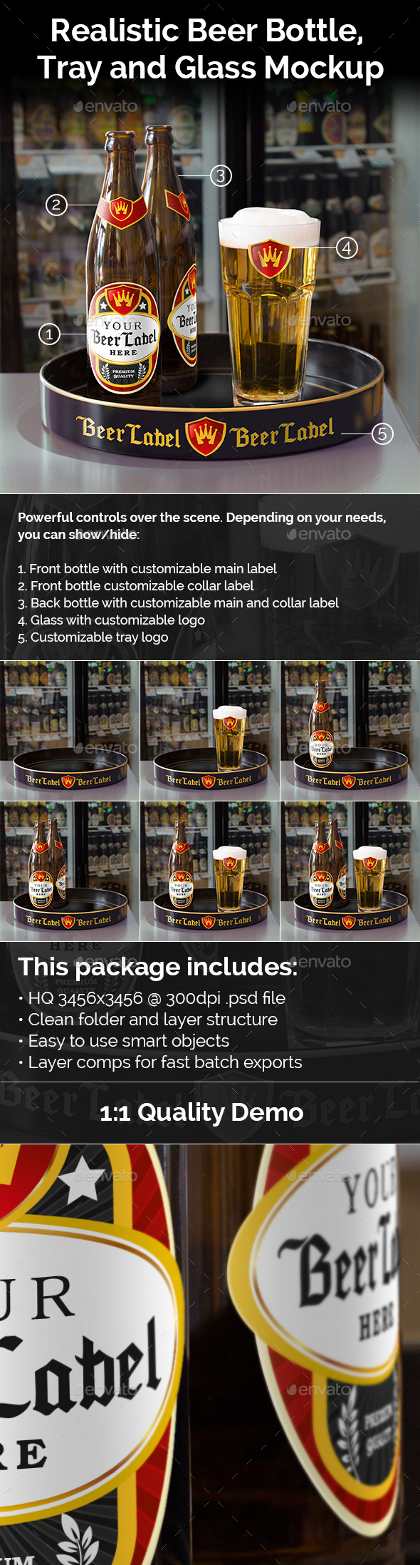 Realistic Beer Bottle, Tray and Glass Mockup - Food and Drink Packaging