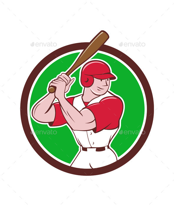 Baseball Player Batting Stance Circle Cartoon - Sports/Activity Conceptual