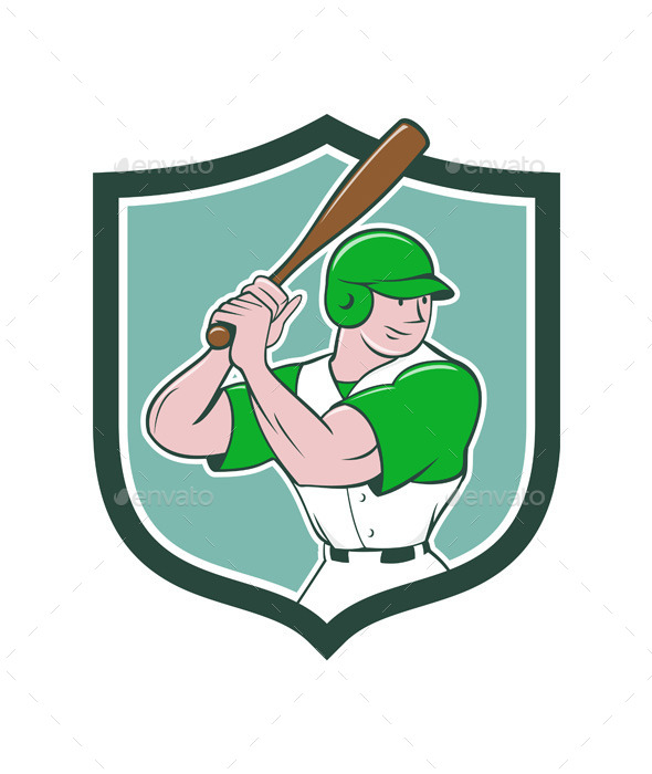 Baseball Player Batting Stance Shield Cartoon - Sports/Activity Conceptual