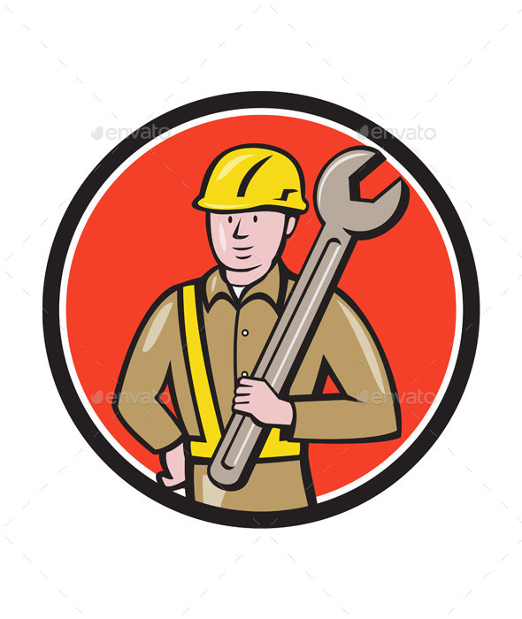 Construction Worker Spanner Circle Cartoon - People Characters