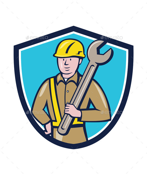 Construction Worker Spanner Shield Cartoon - People Characters