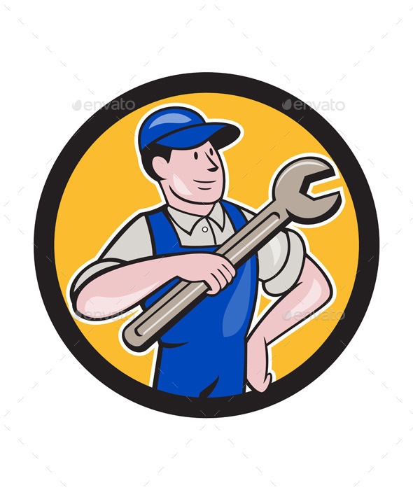 Mechanic Pointing Spanner Wrench Circle Cartoon - People Characters