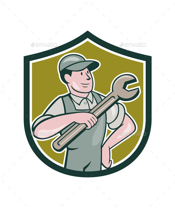 Mechanic Pointing Spanner Wrench Shield Cartoon - People Characters