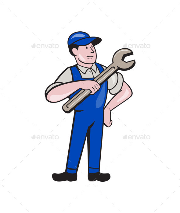 Mechanic Pointing Spanner Wrench Isolated Cartoon - People Characters