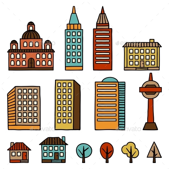 Set Of Hand Drawn Houses For Town Illustration - Travel Conceptual