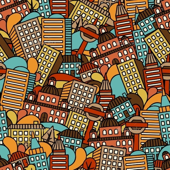 Town Seamless Pattern With Hand Drawn Houses - Travel Conceptual