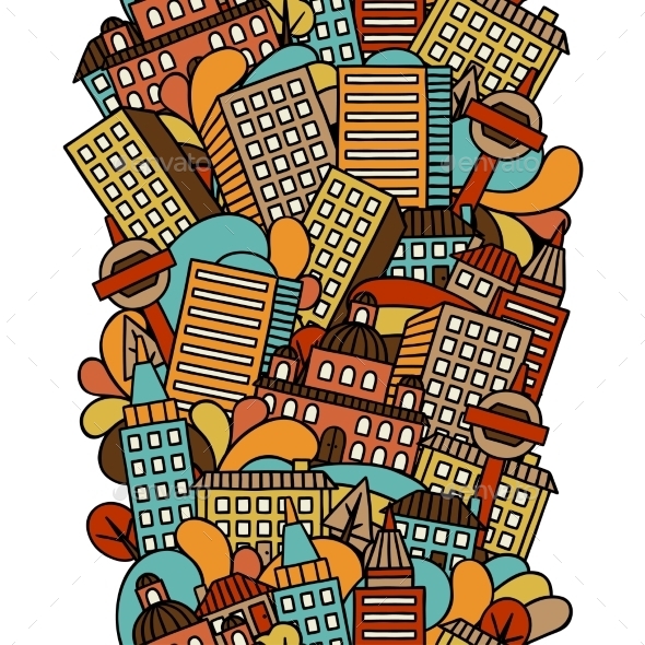 Town Seamless Pattern With Hand Drawn Houses Town Seamless Pattern With Hand Drawn Houses