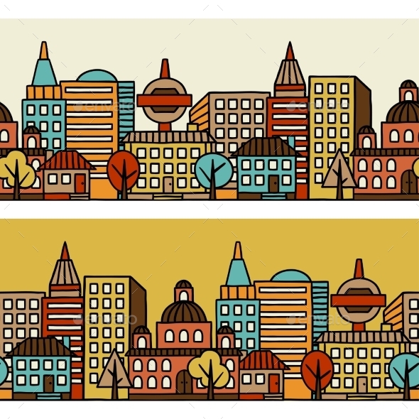 Town Seamless Pattern With Hand Drawn Houses - Travel Conceptual