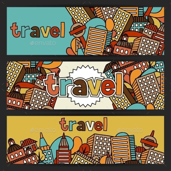 Town Banners Design With Hand Drawn Houses - Travel Conceptual