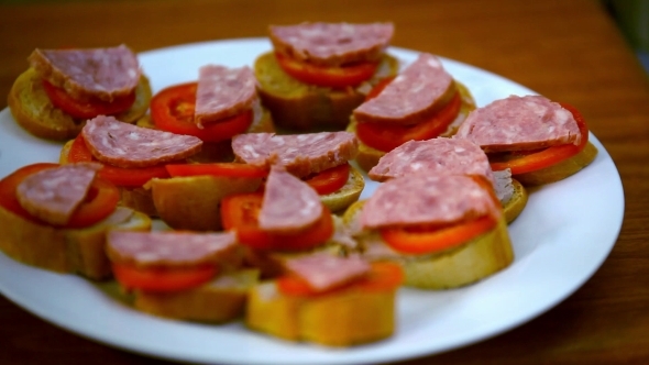 Chef Makes Sandwiches With Pate, Tomatoes, Sausage