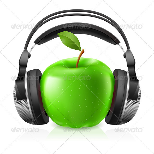 Realistic Headphones and Green Apple Vectors GraphicRiver