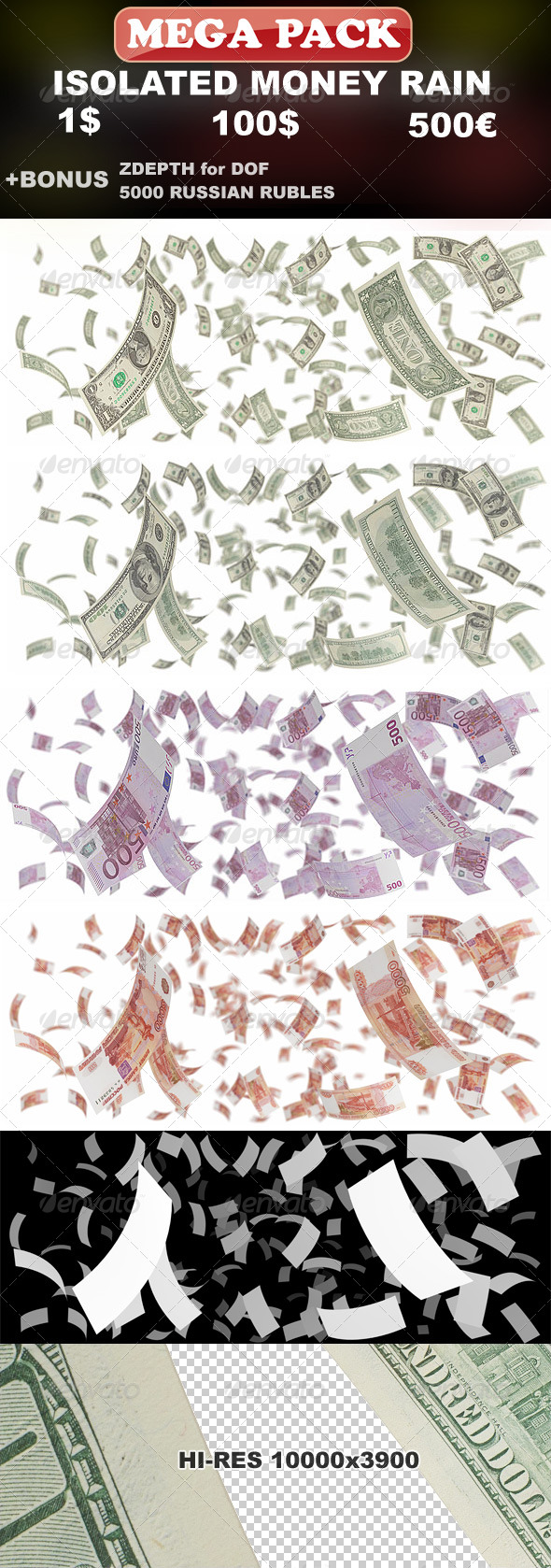 Isolated Money Rain Mega-Pack (1$, 100$, 500€) - Objects 3D Renders