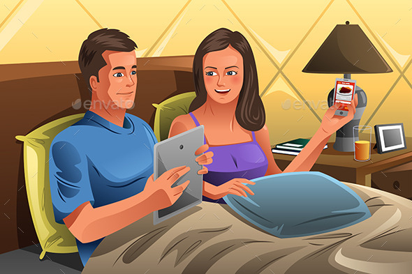 Couple Using Technology on the Bed - People Characters