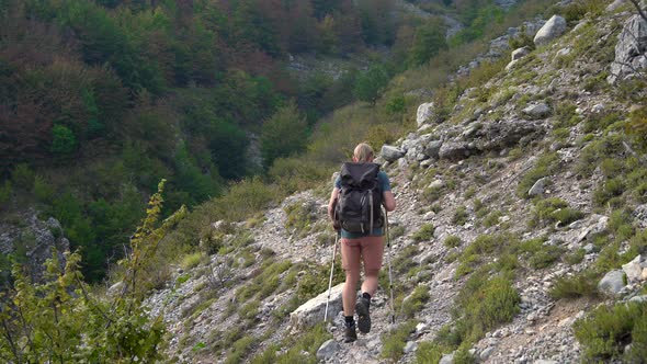 Man Hiker with a Backpack and Trekking Poles is Walking in the Mountains