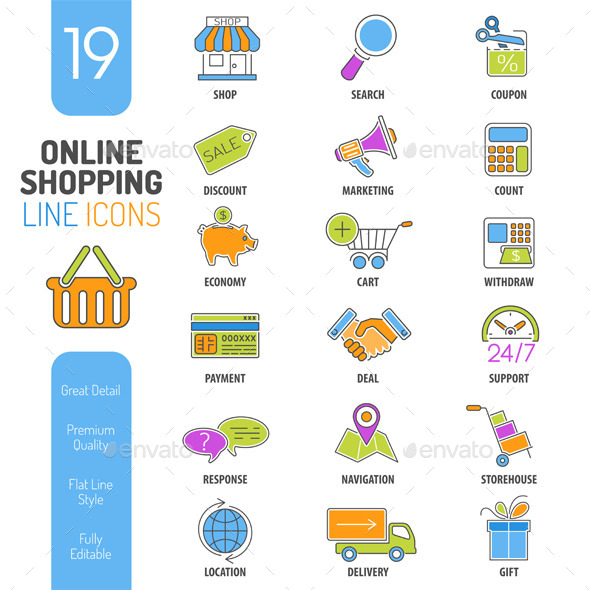 Online Shopping Thin Lines Color Web Icon Set - Retail Commercial / Shopping