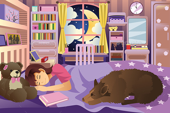 Girl Sleeping in Her Room With Her Dog - People Characters
