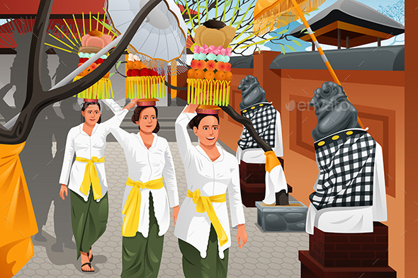 Balinese People in a Traditional Celebration - Seasons/Holidays Conceptual
