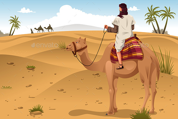 Arabian Riding Camels on the Desert - People Characters