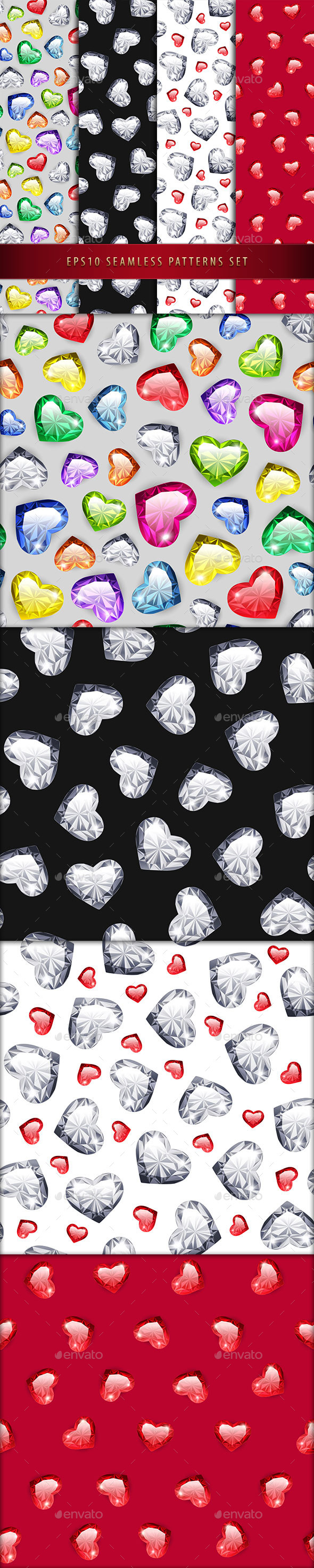 Colorful Gem Hearts Seamless Patterns Set - Patterns Decorative